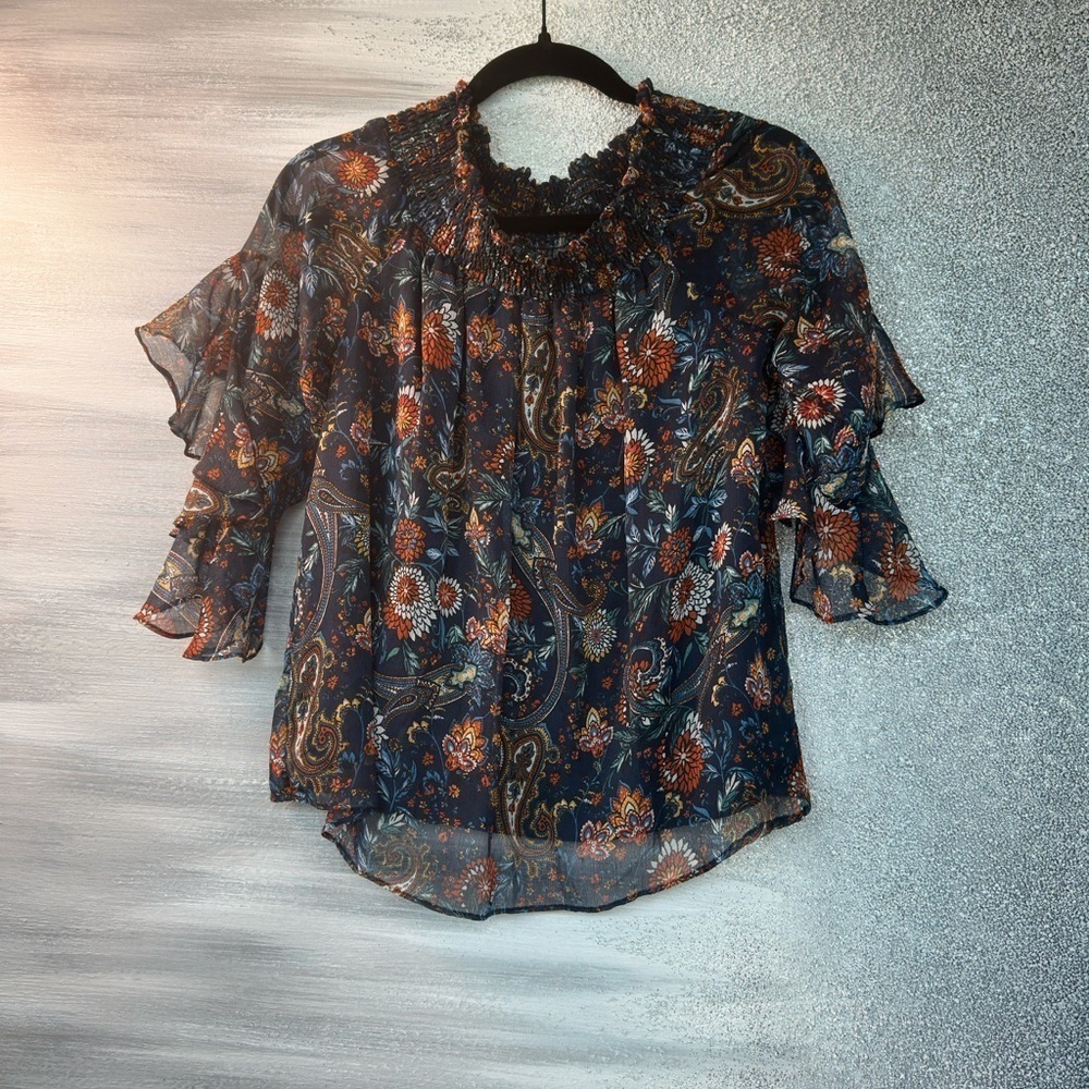 1. State Orange Bell Sleeve Blouse with Ruffled Mandarin Collar - Picture 6 of 6